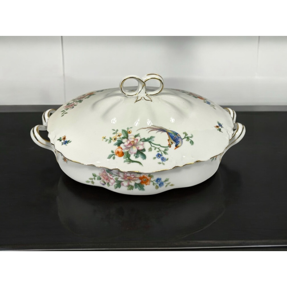 H&C Selb Bavaria White pink Floral & Blue songbird Design Oval serving dish lid